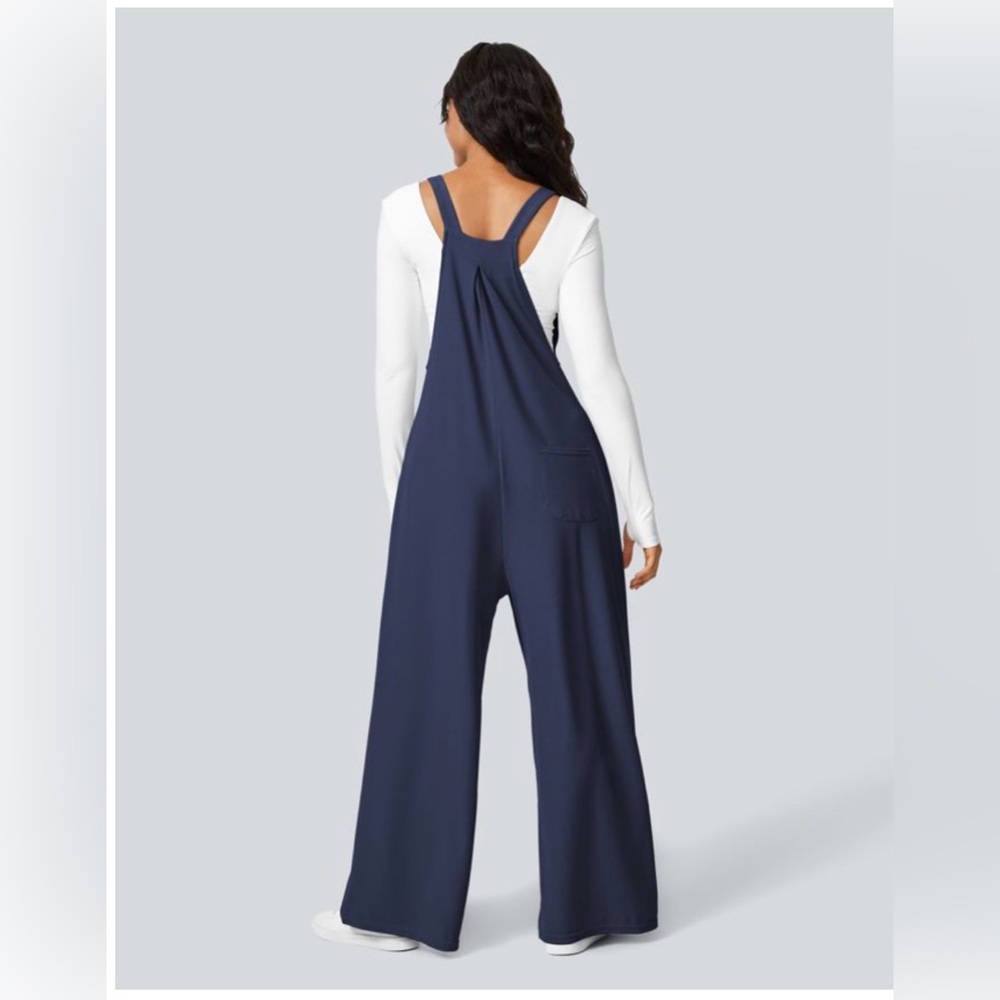 HALARA Waffle Knit Casual Overalls Jumpsuit Wide Leg Adjustable Strap NavyBlue L - Picture 2 of 9